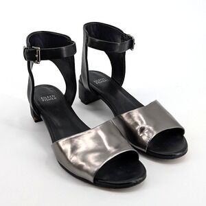 Eileen Fisher Metallic Pewter Black Leather Ankle Strap Block Heel Sandals 8.5